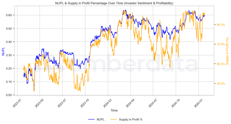 NUPL and Supply in profit percentage over time (investor sentiment and profitability)