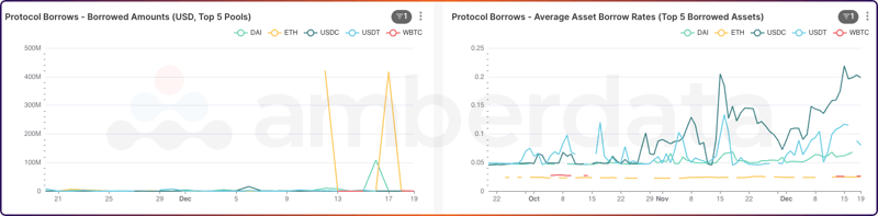 Amberdata API Protocol borrows amount and average asset borrow rates USD top 5 pools DAI ETH USDC USDT WBTC