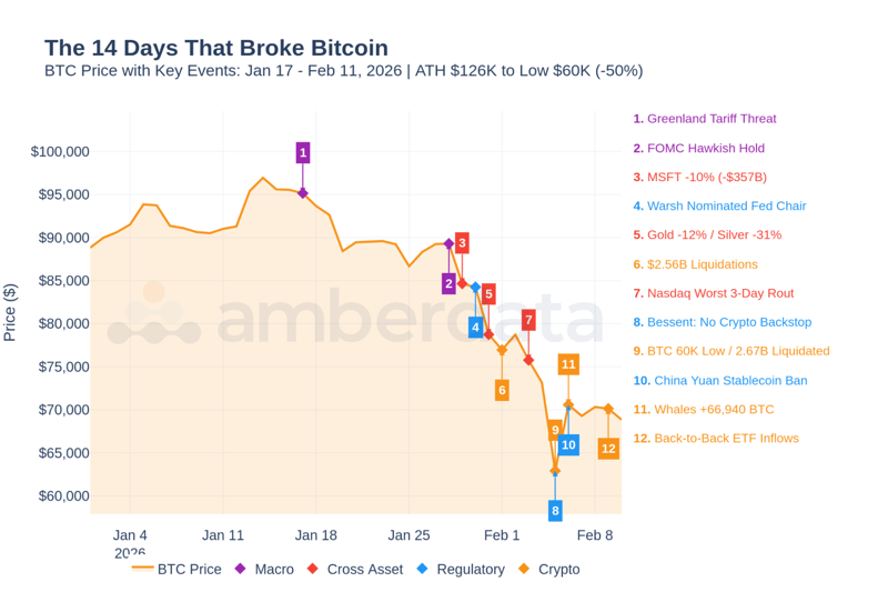 The 14 days that broke bitcoin. BTC price, macro, cross asset, regulatory, and crypto