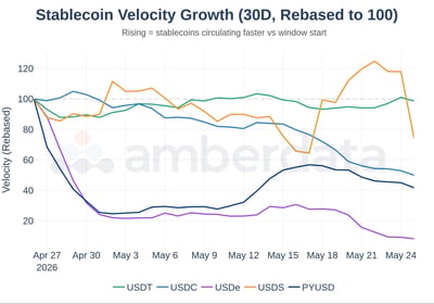 Stablecoin velocity growth USDT USDC USDe USDS PYUSD