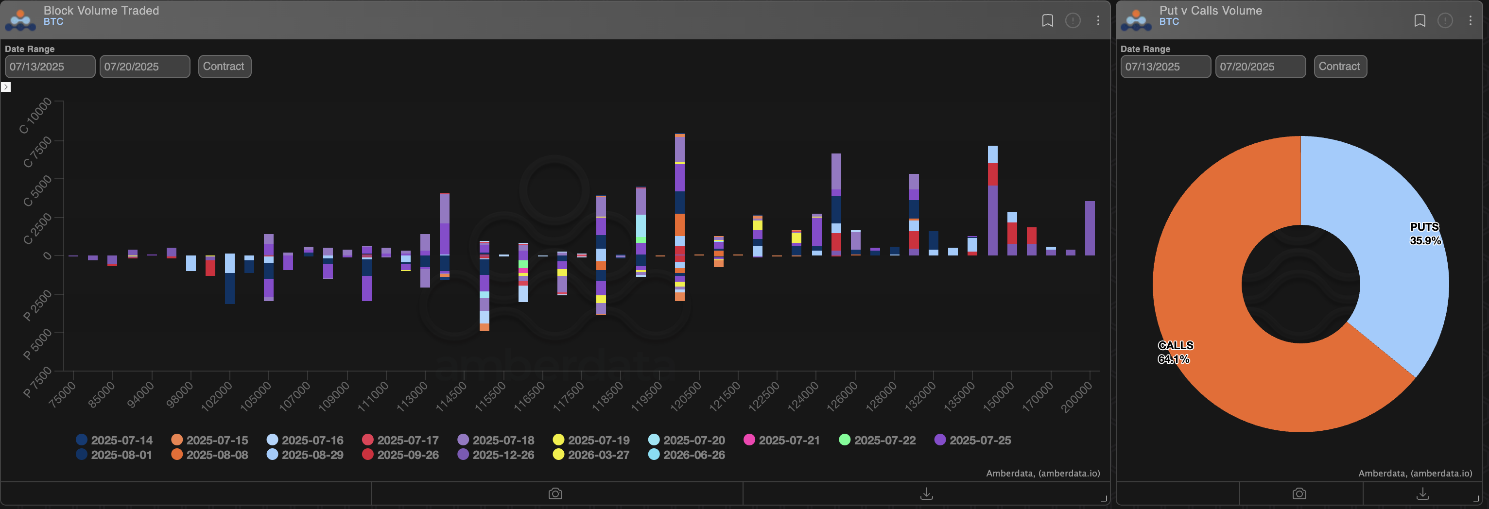 block volume traded and puts vs calls volume BTC bitcoin