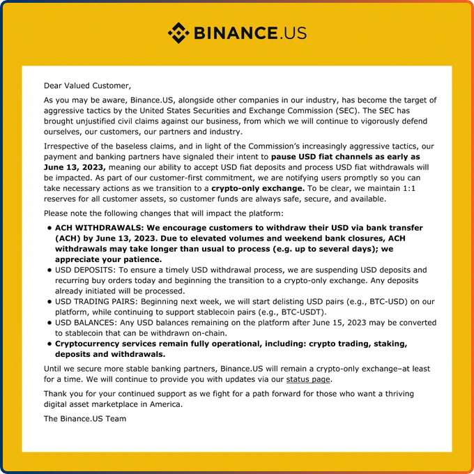 Amberdata lost stablecoin - Statement from Binance US on June 8, 2023.