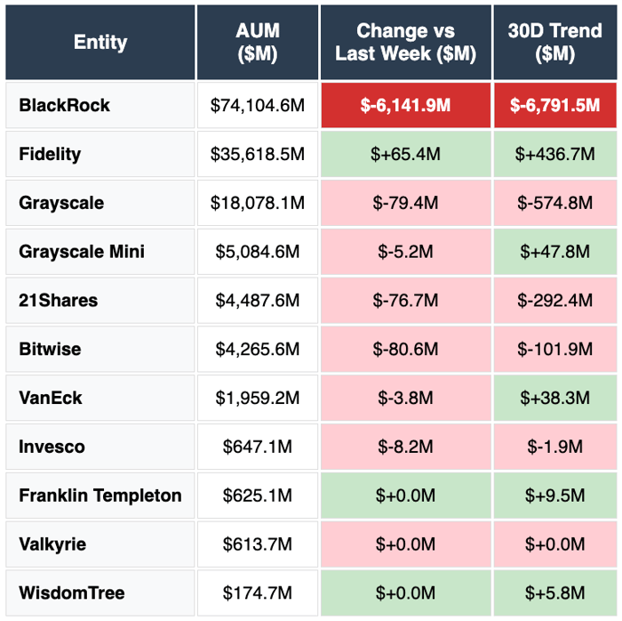Blackrock, Fidelity, Grayscale, 21shares, Bitwise, VanEck, Invesco, Franklin Templeton, Valkyrie, WisdomTree